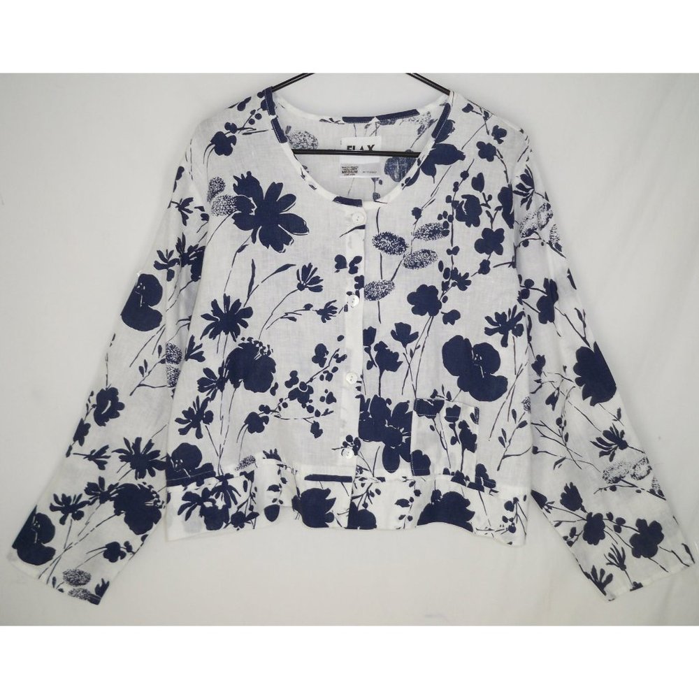 FLAX M Oversized Linen Shirt Cardigan Floral